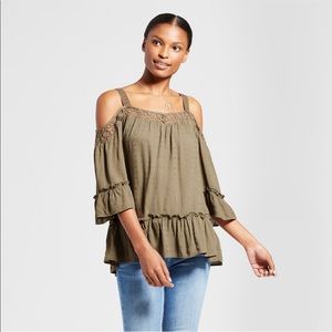 Cold shoulder lace yoke ruffle hem blouse